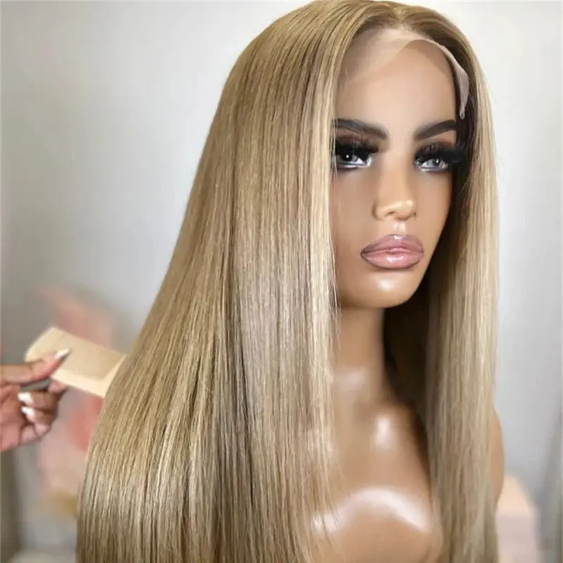 

13x4 Свободная часть Ombre Пепельно-русый с коричневыми полосками Парик Синтетический HD Парик фронта шнурка Супер длинный прямой парик для женщин Ежедневное использование