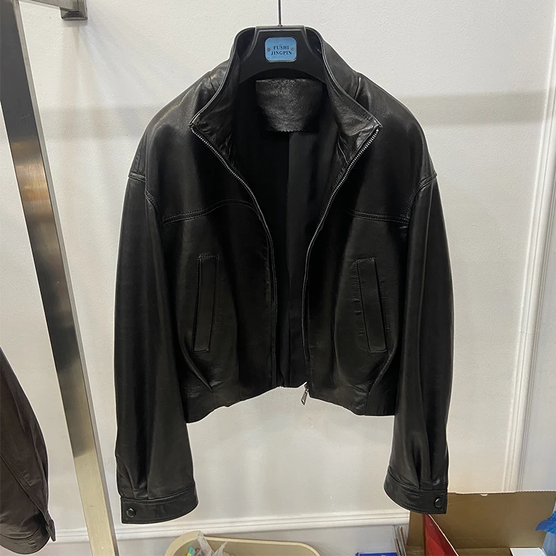 Women Spring Black Genuine Sheepskin Leather Short Jacket Coat Autumn Real Leather Jacket