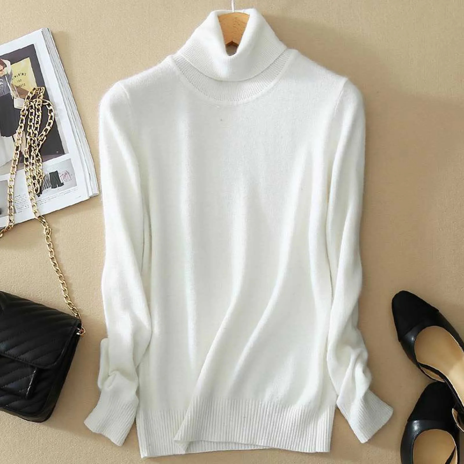 Autumn Winter Basic Slim Soft Solid Color Turtleneck Sweater Pullover Women Casual Long Sleeve Chic Bottom Knitted Jumper