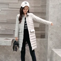 Winter Women Single breasted Midi Long Down Coat Light Thin White Duck Down Jacket Parkas Female Warm Bigsize Puffer Outwears