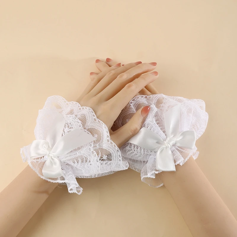 Sweet  Lolita Lace Bowknot Wrist Cuffs Bride Wedding Party Fake Sleeves Bracelet Girls Cosplay Costume Accessories