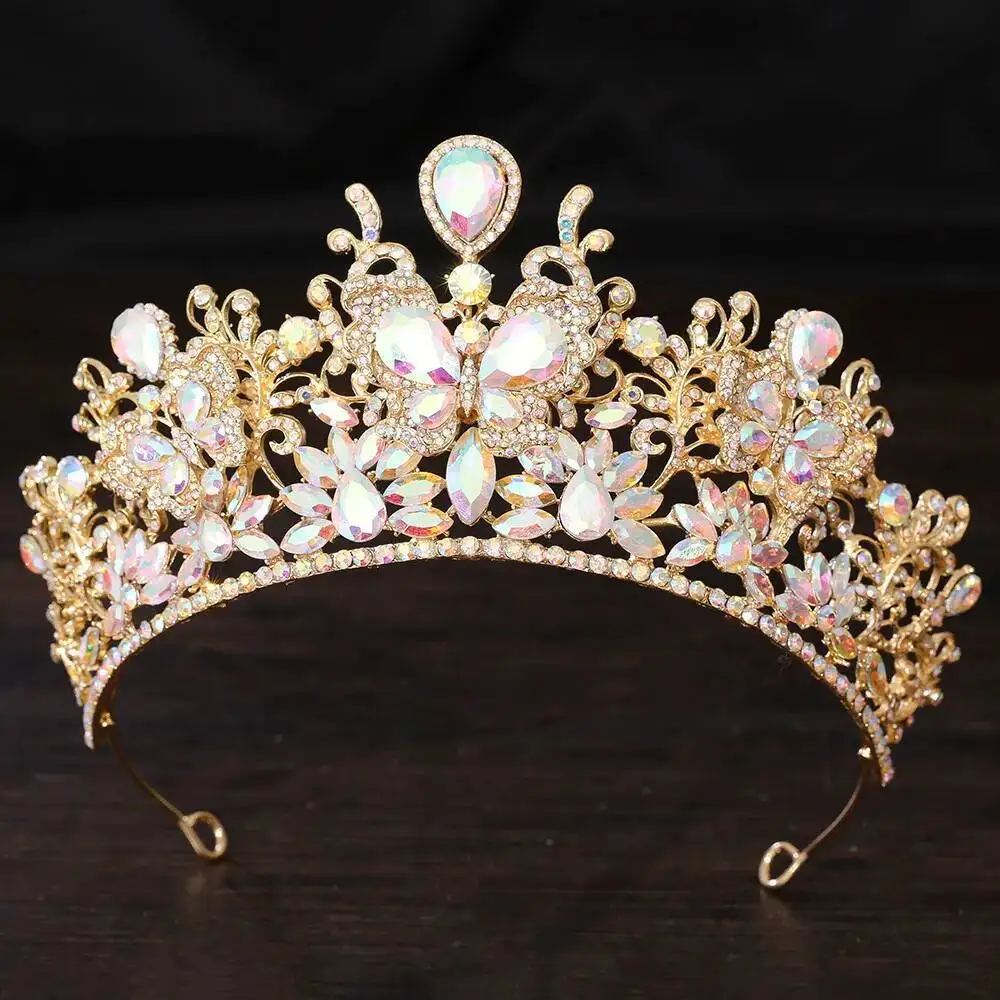 

Big Crystal Butterfly Bridal Tiaras Women Bride Crowns Gold Headpiece Rhinestone Pageant Diadem Wedding Hair Dress Accessories