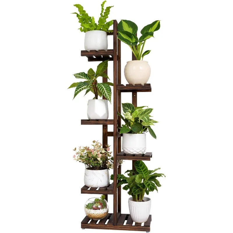 Wood Plant Stand 6 Tier 7 Potted Plant Shelf Indoor Outdoor Tall Multi-tiered Flower Pot Holder Modern Ladder Storage Rack