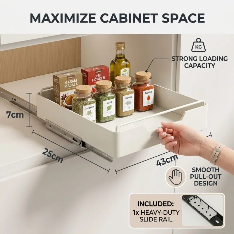 Estante de Almacenamiento Extraíble para Cocina con Rieles Deslizantes, Organizador de Especias Tipo Cajón, Bandeja para Gabinete, Ahorro de Espacio, Gadget para el Hogar