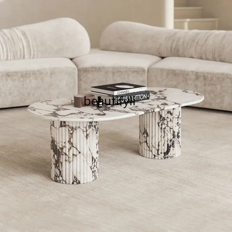 

French style, natural marble coffee table, Nordic cream wabi side table, small apartment Italian minimalist furniture