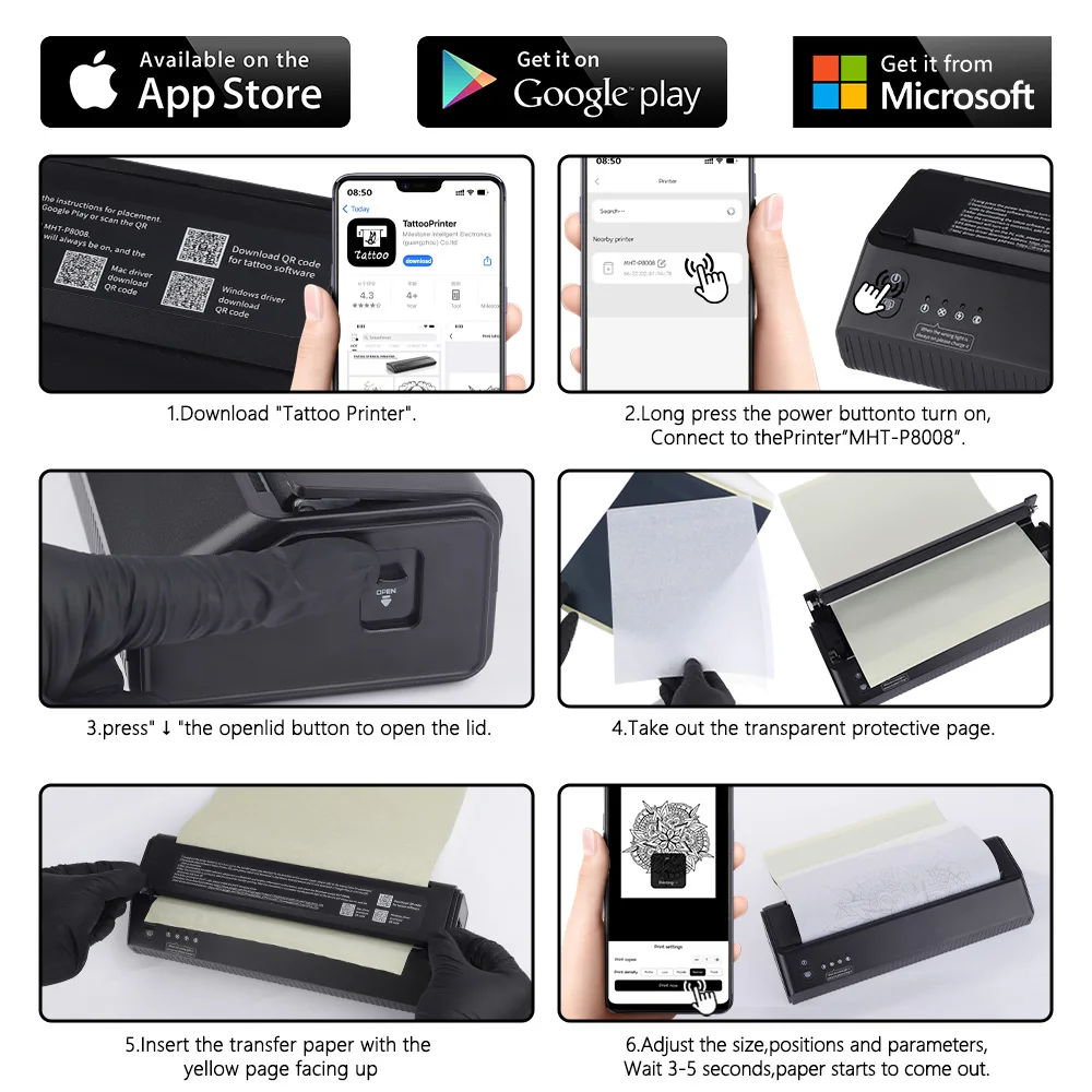 XNET draagbare draadloze tattoo-printer Thermische printeroverdracht Bluetooth USB Mobiele machine Tekst PDF Documentmaker met papier