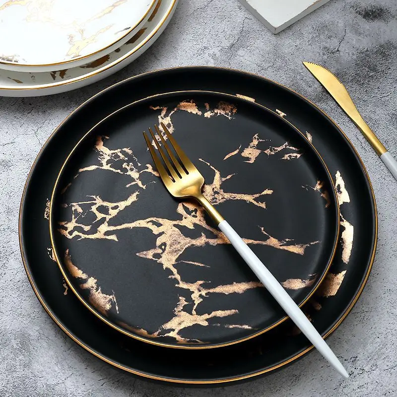 

New Nordic Wind Ceramic Phnom Penh Plate Golden Marble High-end Western Food Plate Steak Plate Serving Platter