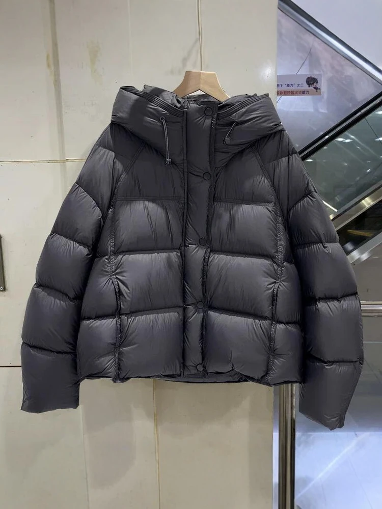 

Puff down jacket women's 2025 winter new short hooded loose fitting bread jacket thickened white duck down warm jacket
