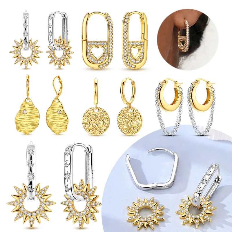 

Серьги-кольца из стерлингового серебра 925 пробы с золотыми звездами и луной, блестящие квадратные U-образные серьги для женщин и девушек, оригинальные ювелирные изделия для вечеринок, изысканные подарки