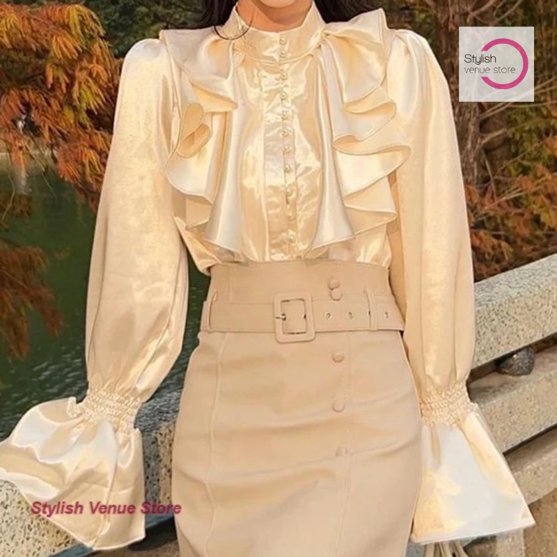 

French fashion design palace style retro stand collar satin shirt women's spring and autumn new flared sleeve loose top