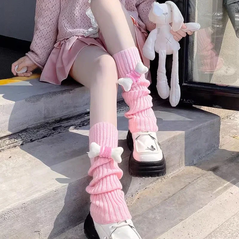 Women Candy-colored Bone Knitted Leg Warmers Lolita Cute Warm Foot Cover Cosplay All-Match JK Mid-calf Slouchy Thick Leg Warmers