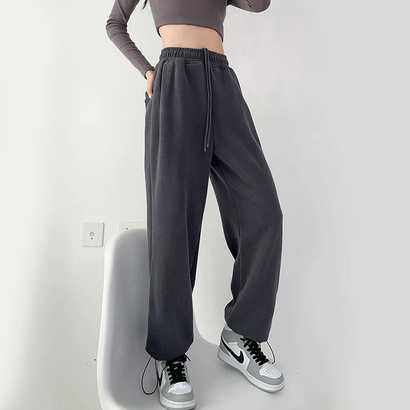 Women Gray Baggy Sweat Pants Autumn Winter Loose Pockets Designed Trousers Solid Thick Streetwear Sports Elastic Streetwear