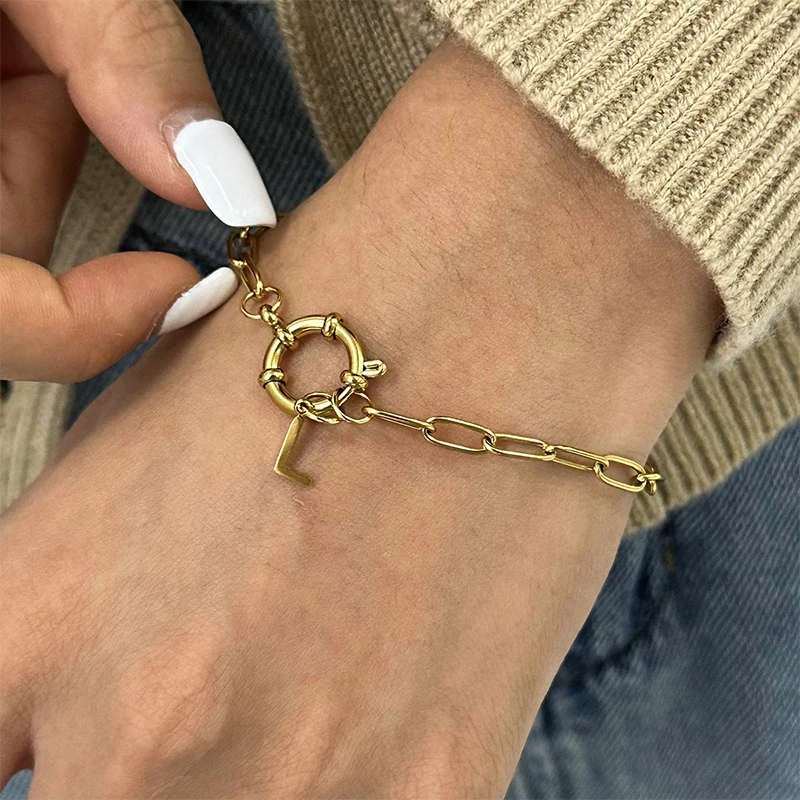 PRISCA | Metal Letter Bracelet Women Stainless Steel 18k PVD O-Chain Jewelry Dailylife Wear Charms Wholesale