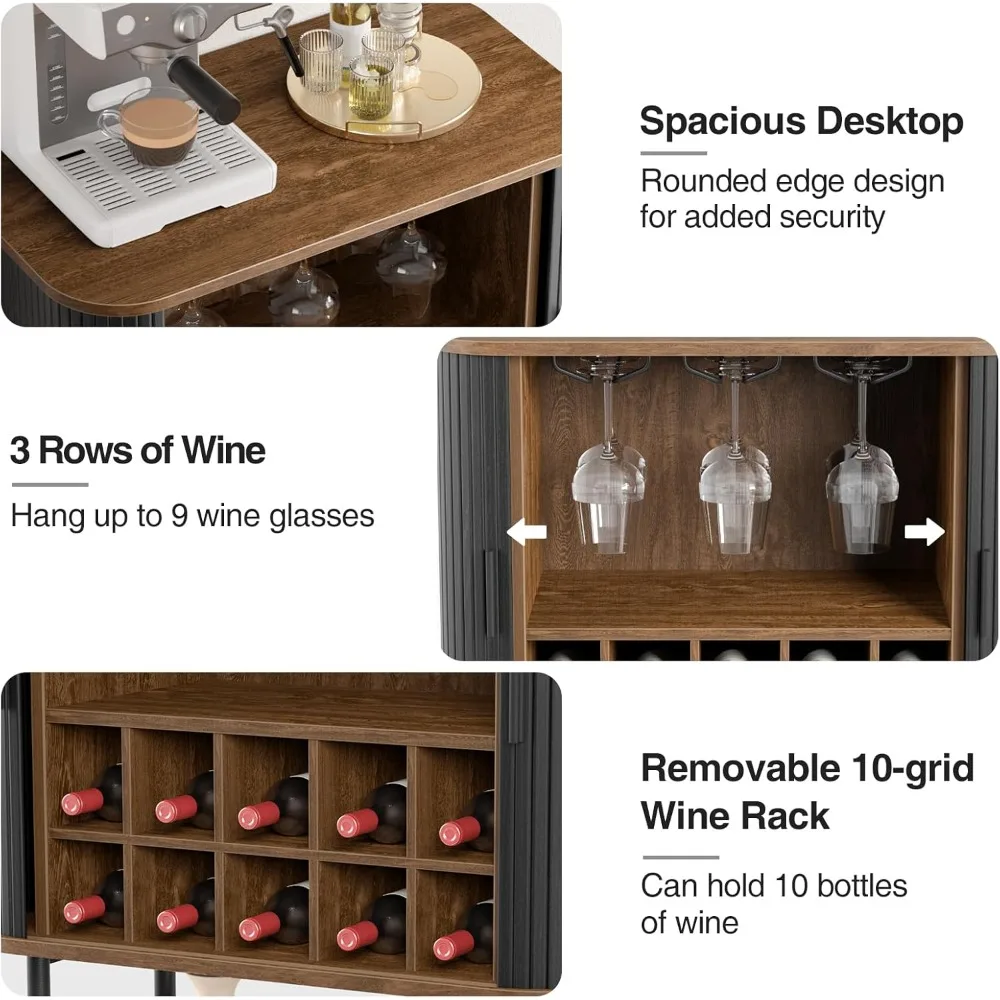 Armário de bar de café preto com armazenamento, armário de licor de vinho canelado com portas deslizantes, suporte de vidro e rack de vinho, aparador de buffets