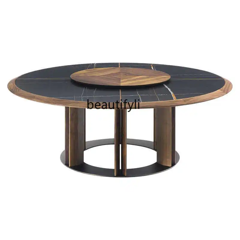 

North American black walnut solid wood round dining table Italian minimalist high-end with turntable