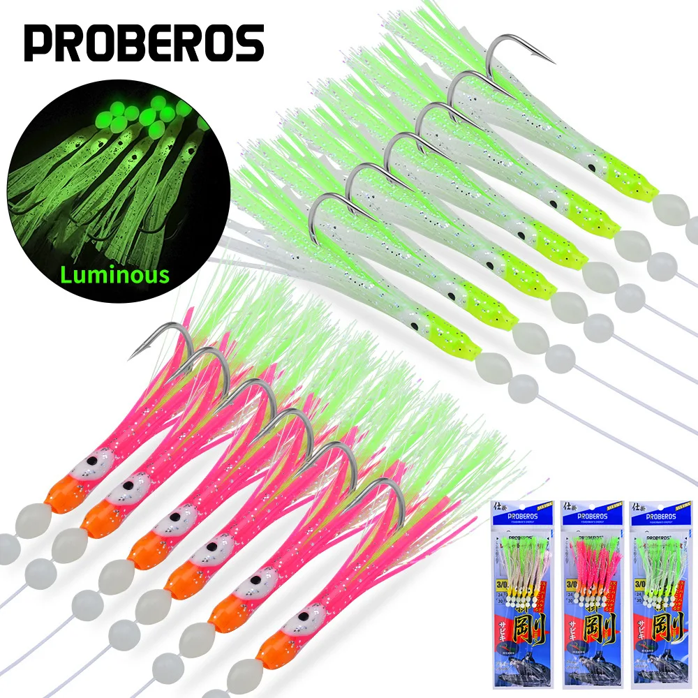 Proberos 6pcs Glow-in-the-Dark Squid Fishing Hooks with Stri