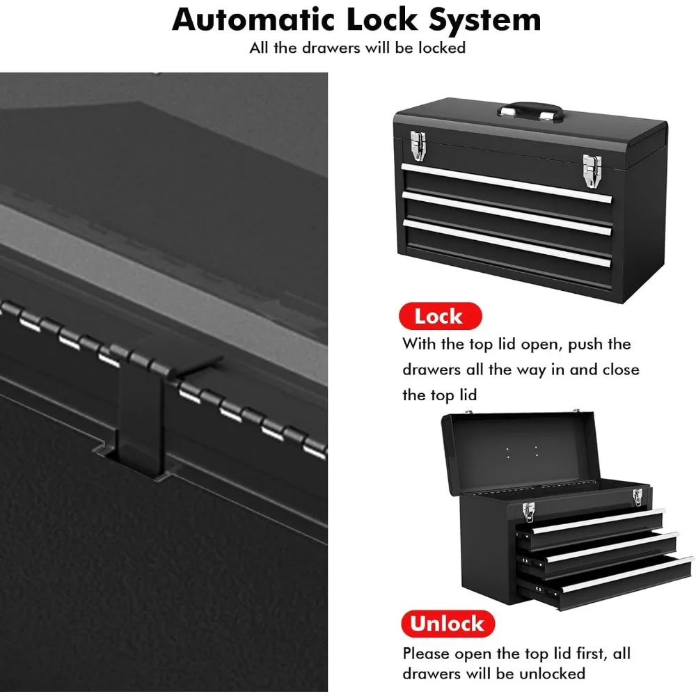 Organizador de ferramentas portátil de 20 gavetas e 4 camadas com bandeja superior, trava automática, forro protetor e alça para reparos automotivos