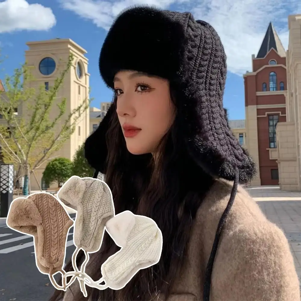 

Plush Knitted Thickened Lei Feng Hat Warmth Extended Ear Protection Hat Outdoor Windproof Earflaps Cold Hat Keep Warm Y2K Beanie
