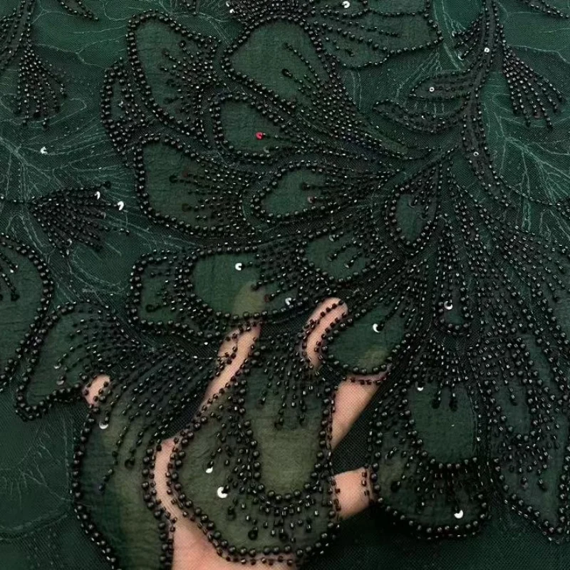 

African Sequins Beaded Lace Fabrics High Quality Red Floral Embroidery Nigerian Mesh Fabric For Wedding Sewing sale by yard