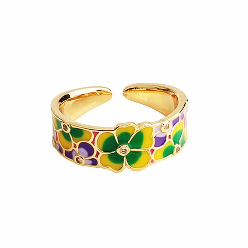 New Colorful Glaze Enamel Rings Metal Engrave Flower Ring Geometry Irregular for Women Girls Travel Jewelry