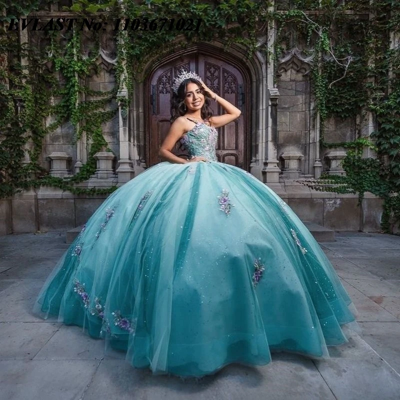 

EVLAST Shiny Aqua Blue Quinceanera Dress Ball Gown Floral Applique Beading Diamond Corset Sweet 16 Vestidos De XV 15 Anos SQ55