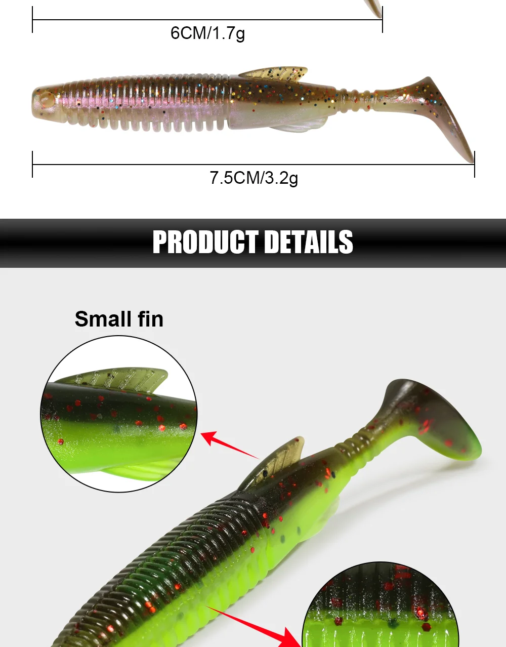 Palisander TPR Schwimmender Shad-Köder, 6 cm, 7,5 cm, Paddel, T-Schwanz, weicher Angelköder, Swimbait, künstlicher Gummi, Fischbarsch, Forelle, Hechtbarsch – Detail 3