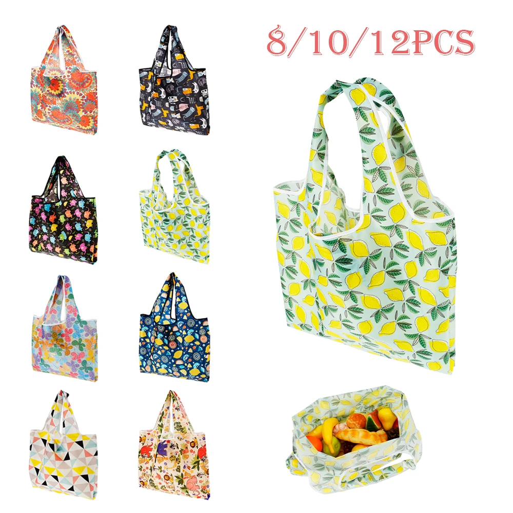 8/10/12Pcs Foldable Shopping Bags Multiple Styles Flower Print Storage Bag with Handles Rip Resistant Large Capacity Shopper Bag