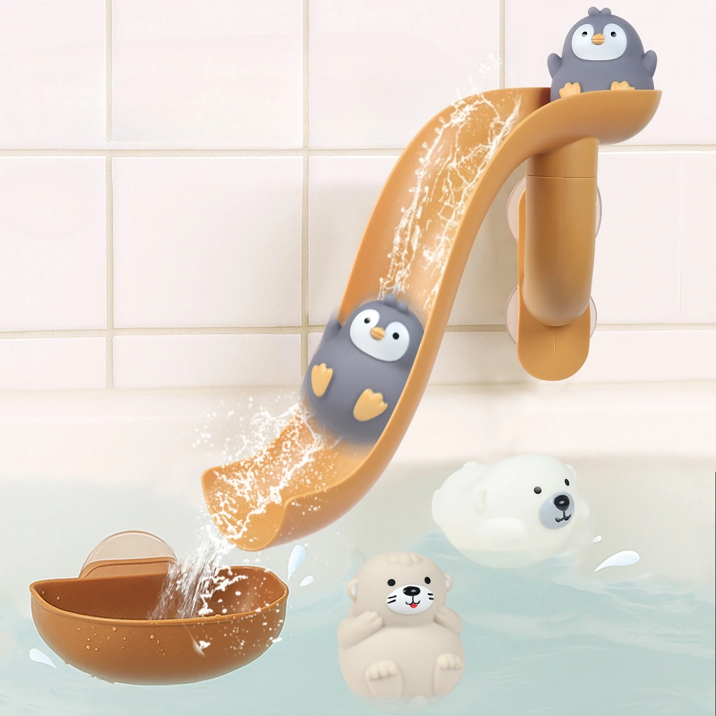 Baby Toddler Bath Toys Water Play Splash Track Water Wheel Set with Cute Little Penguin and Yellow Duck for Bathroom Shower Fun