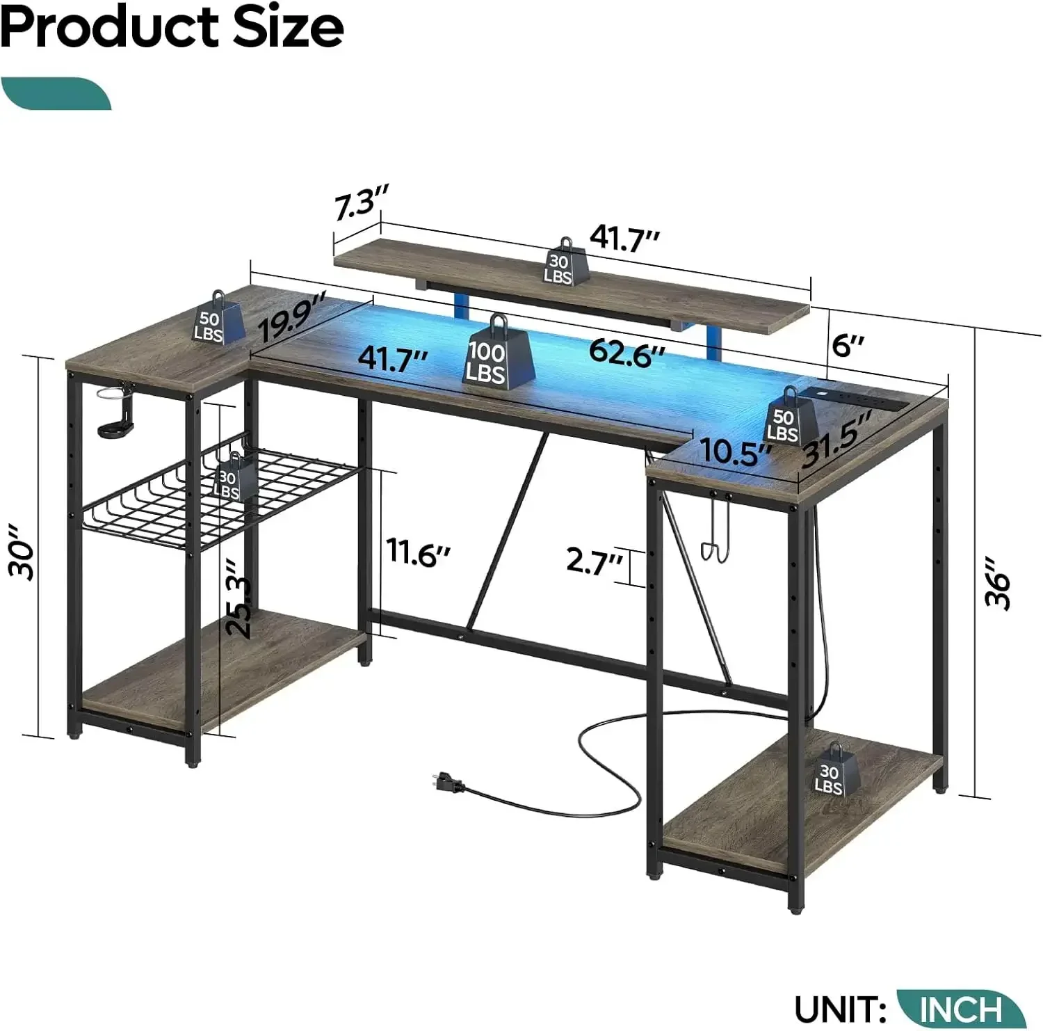 Computer Desk with Power Outlets & Monitor Stand, 63 inch Gaming Desk with LED Lights & Storage Shelves, Corner Work Desk with C