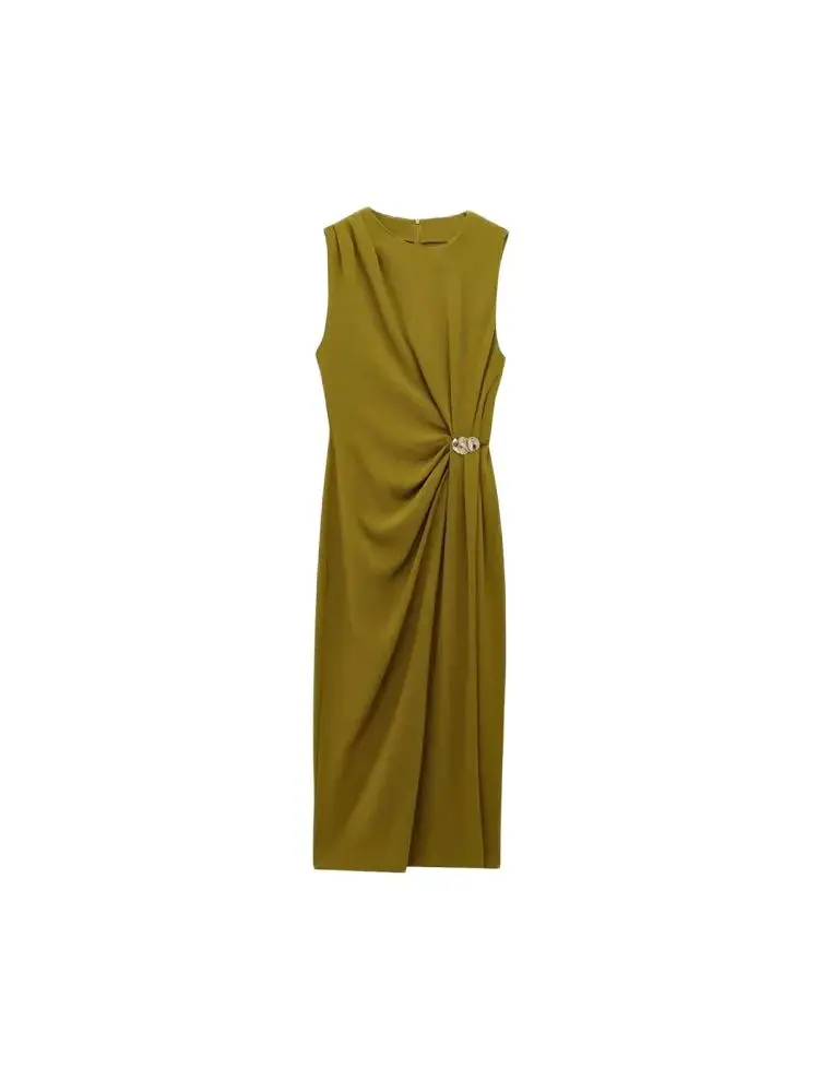 Frauen Mode Mit Gold Applikationen Drapierte Midi Kleid O Hals Ärmellose Weibliche Kleider Vestidos Mujer