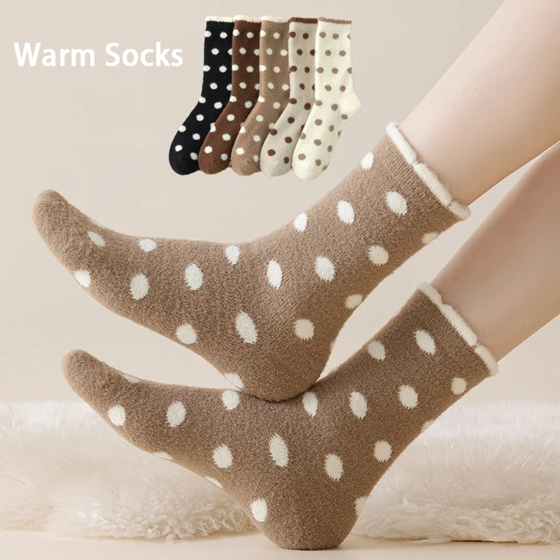 

Women's Winter Warm Thickened Polka Dot Plush Mid-Calf Socks Girls Padded Cozy Floor Sleep Sox for Fall Home Comfort