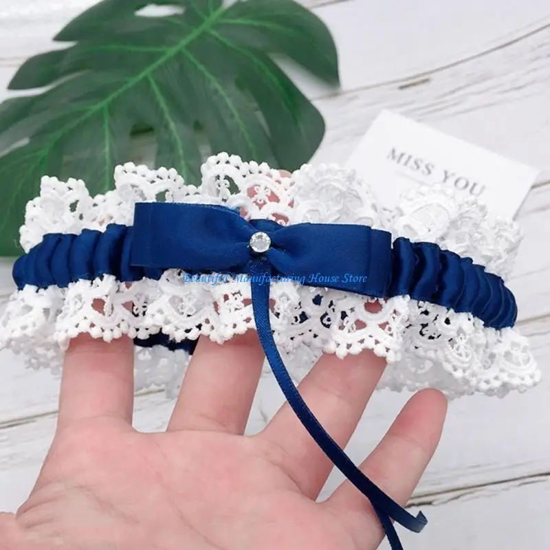 E56A رباط الساق لحفلات الزفاف وحفلات الزفاف وحزام دانتيل ناعم قابل للتمدد مع عقدة شريطية