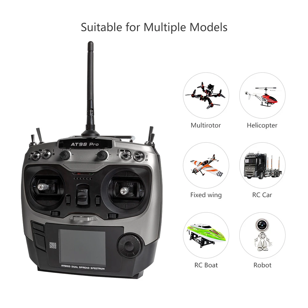 AT9S Pro10/12 Channels  2.4GHz RC Radio Transmitter and Receiver R9DS For Bait Boat/Glider Airplane/Quadcopter RC Toy