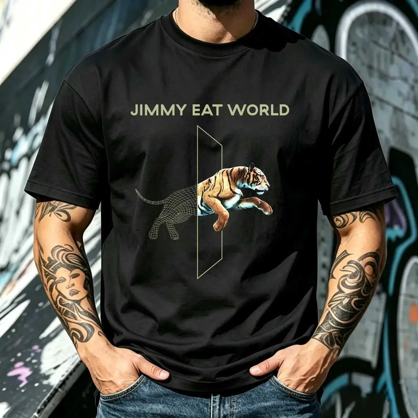 washed T Shirt Jimmy Eat World Jumping Tiger Olive Green Size Medium vintage Washed Breathable Unisex Soft