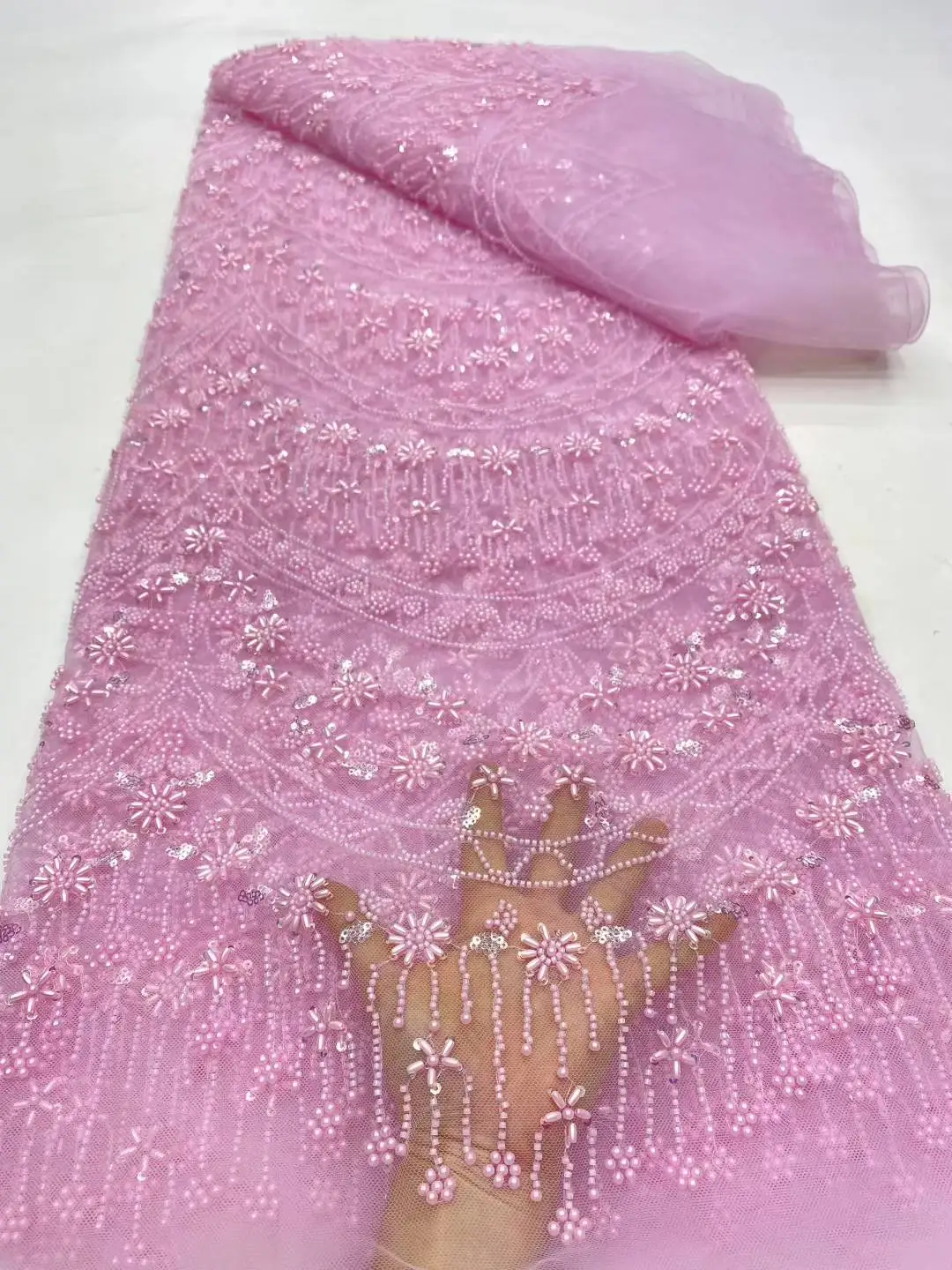 

Wholesale High Quality African Beads Mesh Lace Fabric 5 Yards French Nigerian Groom Sequins Lace for Wedding Party Dress Sewing