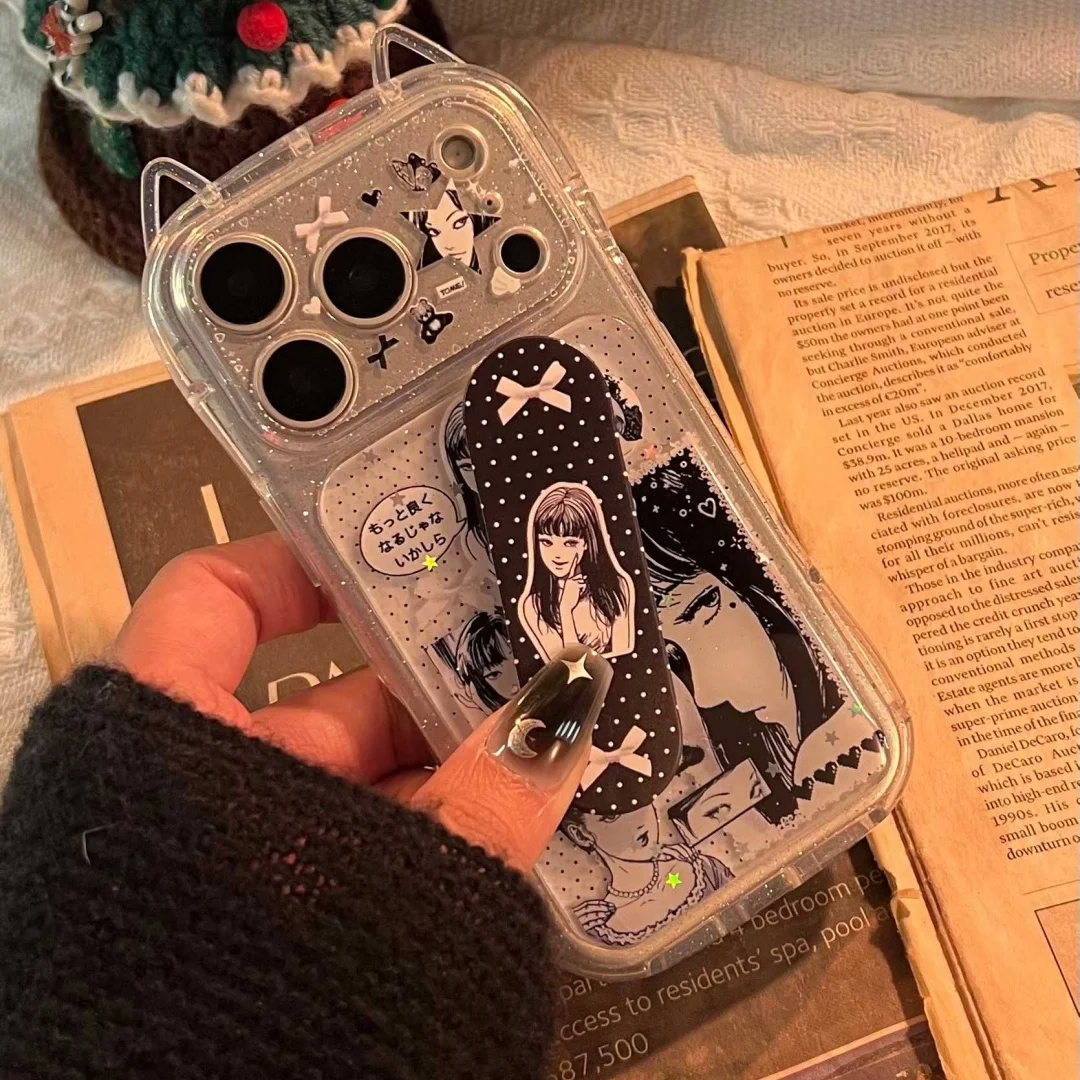 Japońskie anime horror komiksy urocze etui na telefon Tomie do iPhone 13 15 14 16 17 Pro Max Plus, śliczne kocie uszy, przezroczyste etui — zdjęcie produktu 3