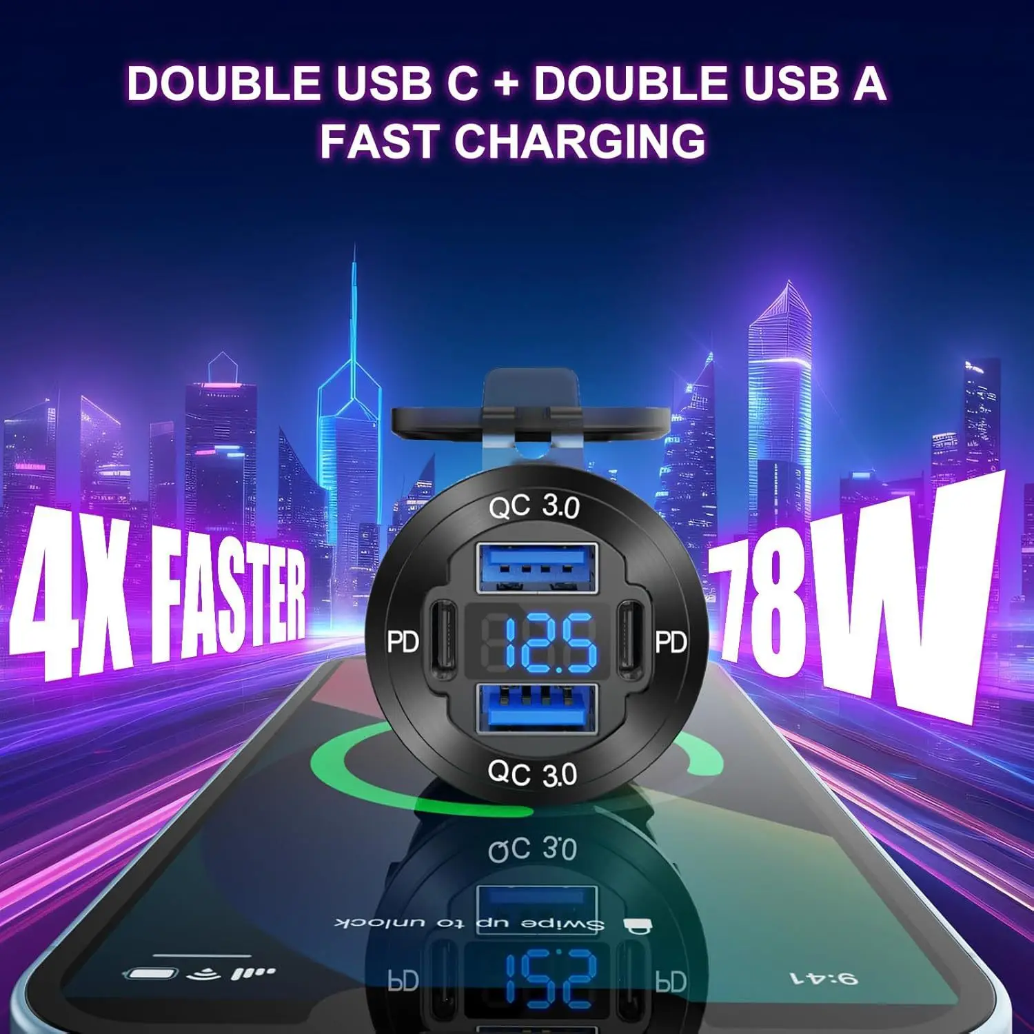 

KEBIDUMEI 4-Port Car Charger Digital Display Fast Charging Socket Panel Waterproof Power Adapter PD QC3.0 Outlet Car Accessories