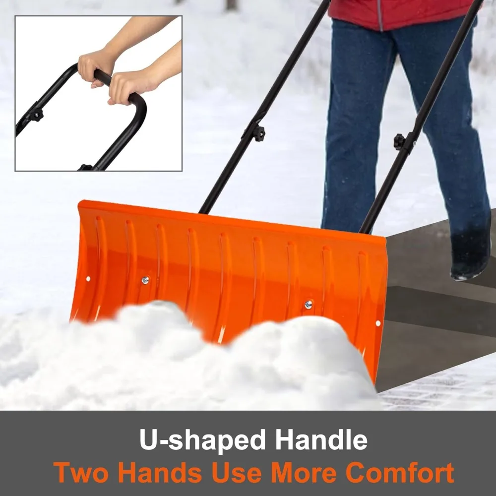 30 Inch Metal Snow Shovel with Wheels for Driveway, Large Blade for Efficient Snow Removal, U-Shaped Handle