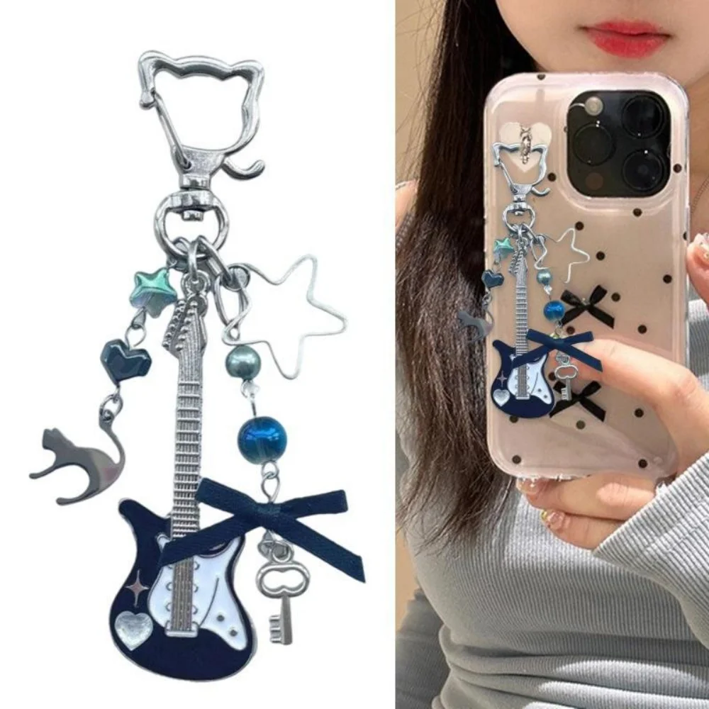 Punk Y2K Cat Guitar Shaped Keychain Bow Knot Note Bead Phone Chain Lanyard Microphone Musical Note Pendant Backpack Charms Gifts