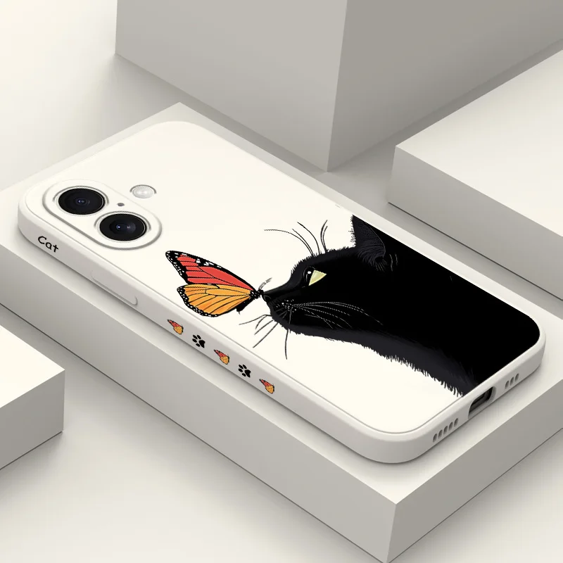 Butterfly Black Cat Phone Case For iPhone 16 15 14 13 12 11 X XR XS Plus Pro Max Mini Silicone Cover