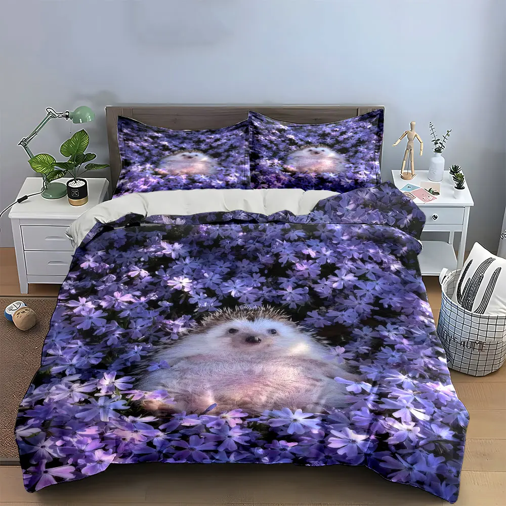 

"Hedgehog Floral Decor Set" Bedding Set with 1 Duvet Cover 2 Pillowcases Single Double King Queen, Gift