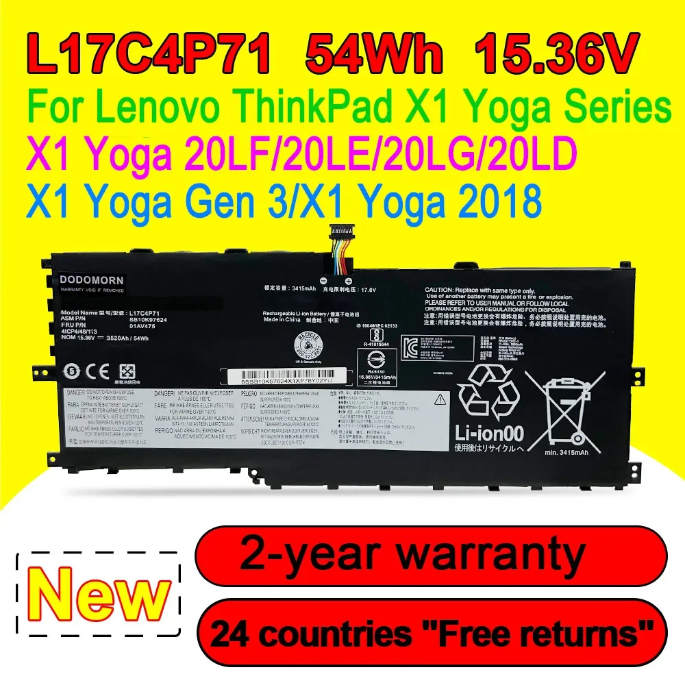 

New01AV475 L17C4P71 Laptop Battery For Lenovo ThinkPad X1 Yoga Gen 3/2018 20LE 20LD 20LG L17M4P71 01AV474 SB10K97623 15.36V 54Wh