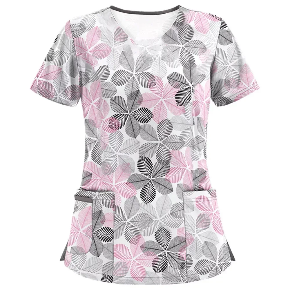 

T-shirt Slim Floral Print Matte Top V-Neck Female Veterinary Nurse Uniform Short-Sleeved Shirt Pet Grooming Veterinary Overalls