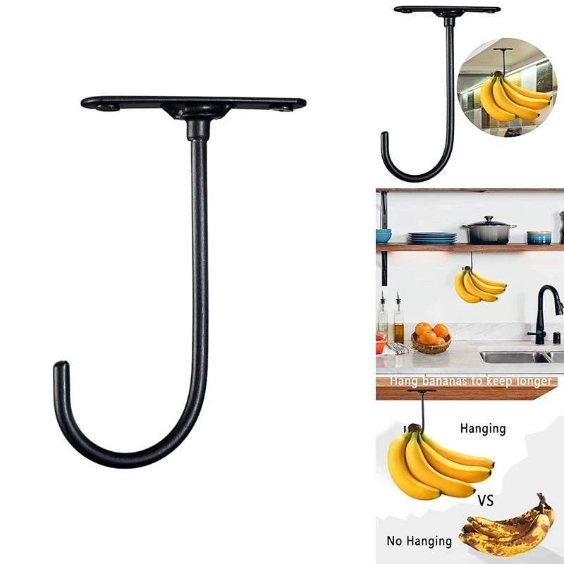 2Pcs 360-Degree Rotating Key Rack Under Cabinet Banana Hook Fruit Preservation Bracket Metal Iron Black Mug Cup Hook Durable