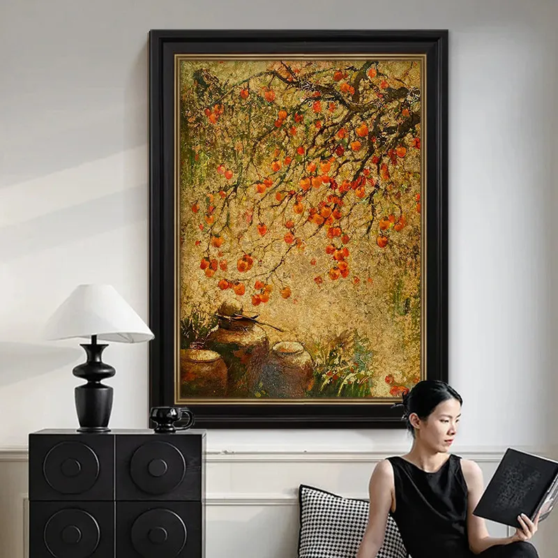 CX Wan Persimmon Ruyi mid-ancient style high-end living room texture pure hand-painted oil painting