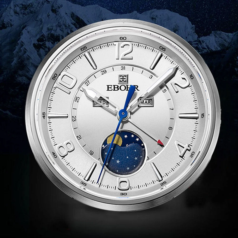 EBOHR Watches Men Business Quartz Wristwatches 40mm Luxury Multifunctional Moon Phase Watch Classic 50M Waterproof Clocks 2023