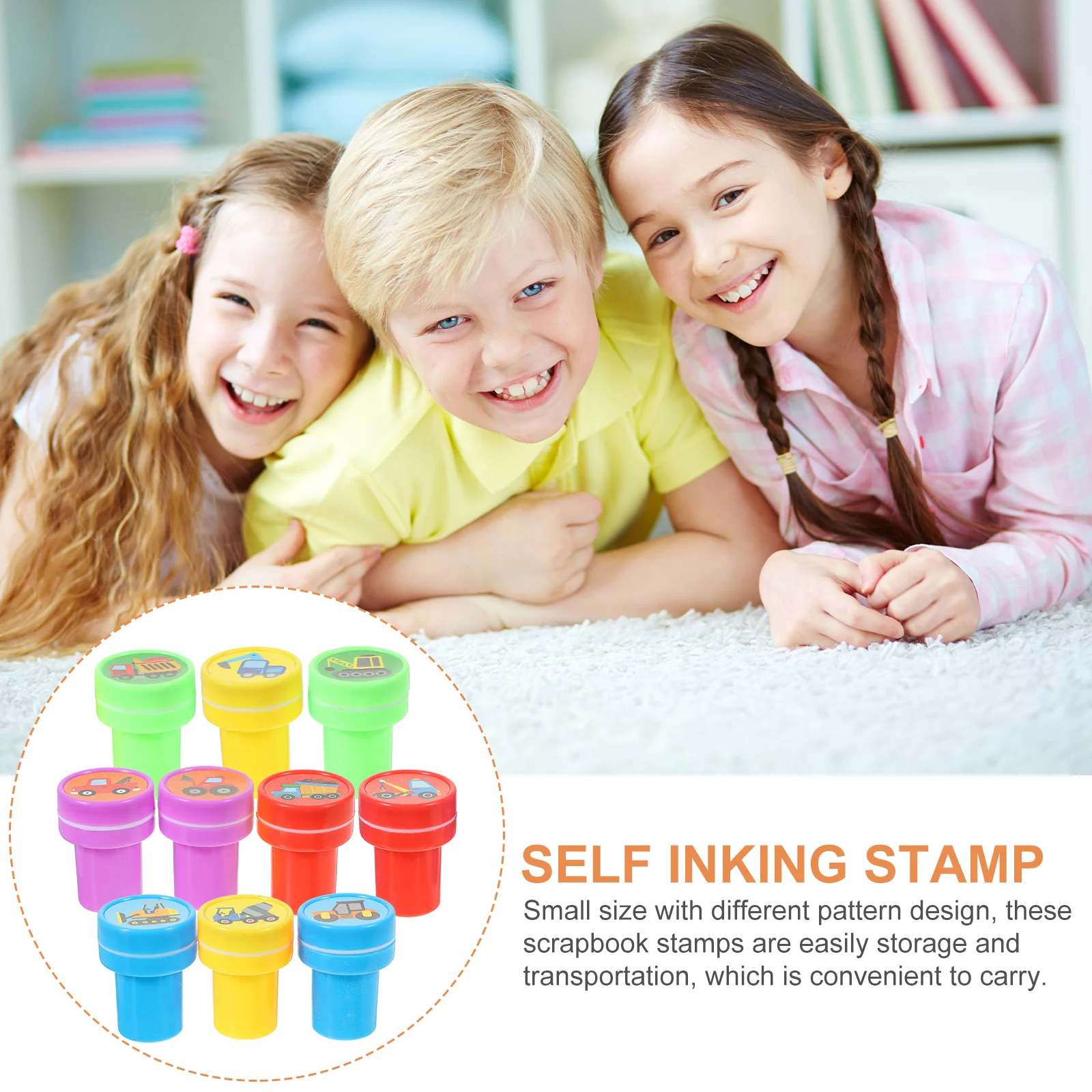 Self Inking Stamp Set for Kids 10pcs Truck Theme Craft Stamps Small Plastic Stamps for Scrapbook Classroom Awards