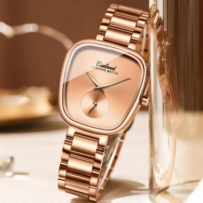 ساعة كوارتز نسائية مكونة من قطعة واحدة من الذهب الوردي ونمط مزيف ومؤشر على شكل نقطة مضلعة