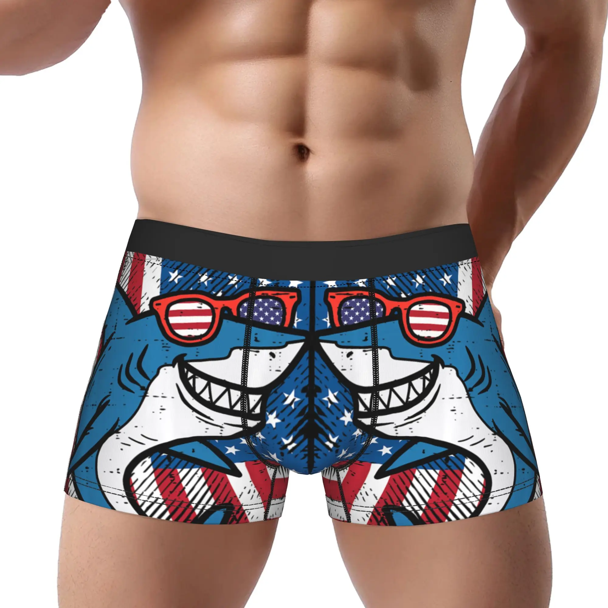 Shark US Flag Independence Day Patriot  Memorial Day Underpants Homme Panties Man Underwear Print Shorts Boxer Briefs