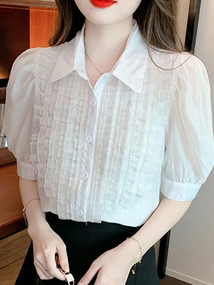 Summer Tops Turn Down Collar White Chiffon Blouse Shirt Blusas Mujer De Moda 2024 Verano Short Sleeve Blouse Women Blusa G586